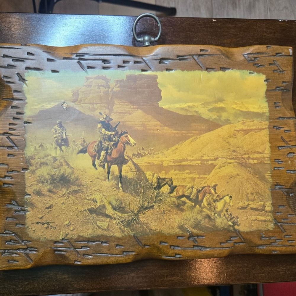 Vintage Frank McCarthy Wood Plaque Art 11.5x8.5 Western Mountain Men Ranch 1972
